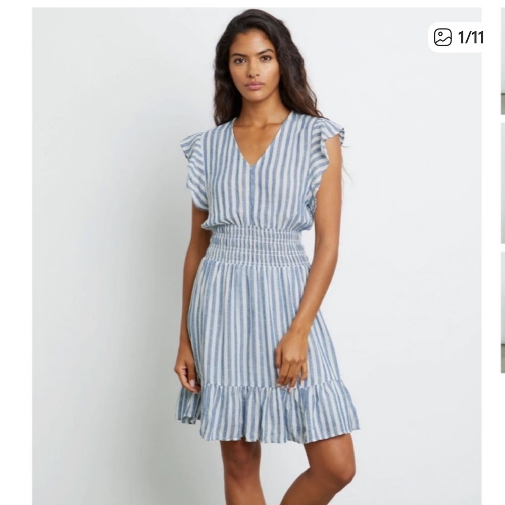 Rails Blue and White Striped V-Neck Smocked Waist Dress